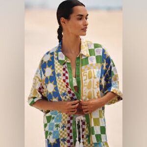 Anthropologie CELANDINE LINEN BLEND SHORT-SLEEVE BUTTONDOWN SHIRT